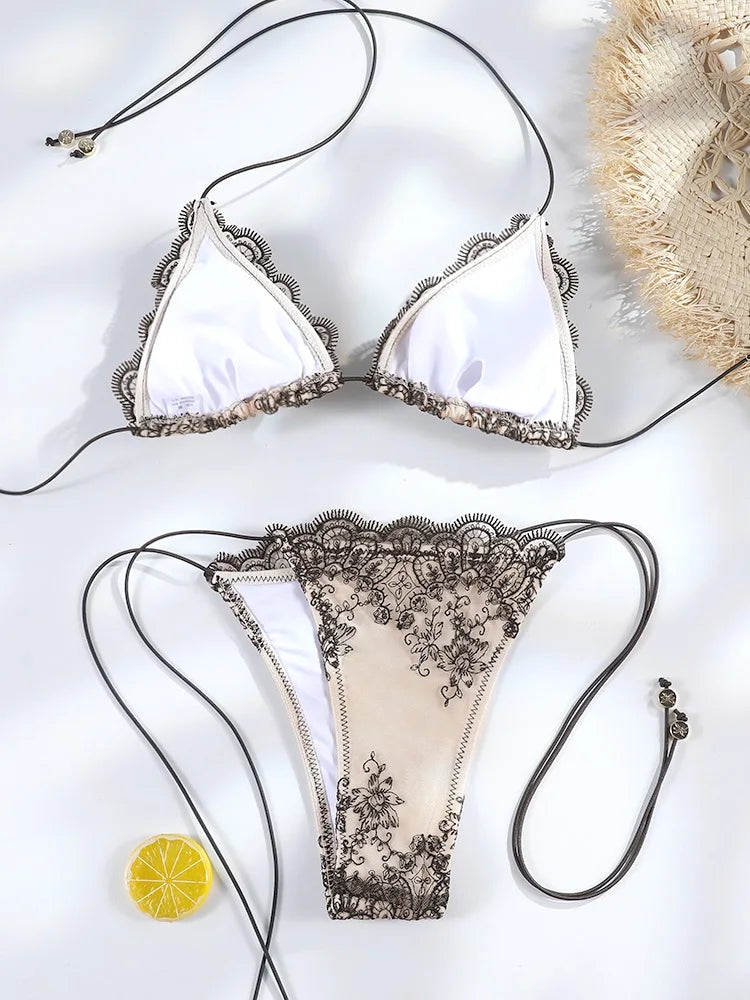 Sexy Hollow Lace Bikinis Patchwork Swimsuit Women Bathing Suits Bandage Swimwear Mujer Beachwear Triangle Bikini Set