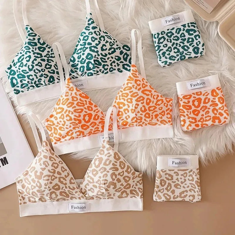 1/3/8Pcs Seamless Bra Set Low Waist Panties Leopard Bralette Sexy Lingerie Set Vneck Sport Brassiere Female Cotton Underwear Set