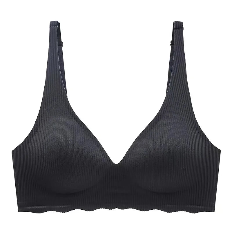 Seamless Women's Bra Small Chest Big Hollow Design Underwear Support Non-removable Semi-fixed Cup One Piece Striped Thin Bra