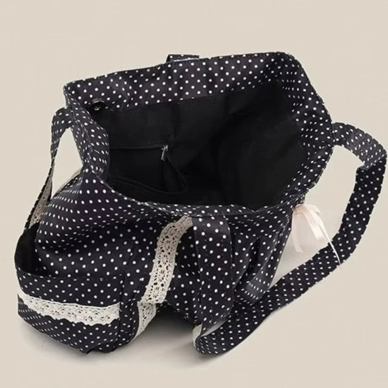 Women Shoulder Bag For Korean Vintage Canvas Cute Lace Large Capacity Tote Multi Pocket Handbag Fashion Round Dot Underarm Bag