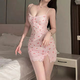 Trendy Pink Cherry Print Dress Women's Cute Fitted Mini Nightgown Lace Trim Detail Spaghetti Strap Summer Style New Fashion Hot