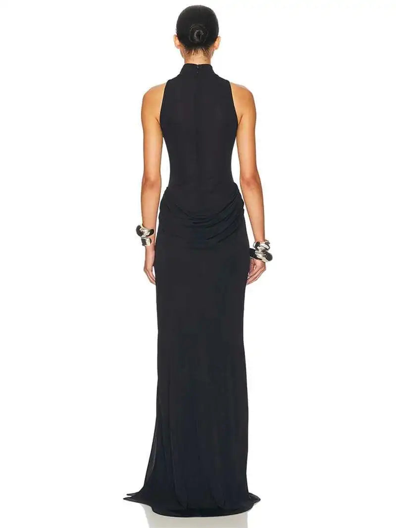 Blifanbo Turtleneck Off-shoulder Sleeveless Thigh Split High Waist Pleated Maxi Dress For Women Elegant Fashion Club Party Dress