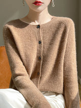 Women 100% Merino Wool Cardigan Soft O-Neck Cashmere Sweater OL Buttoned Knitwear Casual Top Clothing Korean Style