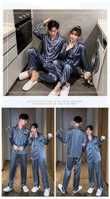 Solid Color Sleepwear Silk Satin Pajamas Couple Set Long Button-Down Pyjamas Suit Pijama Women Men Loungewear Plus Size Pj Set