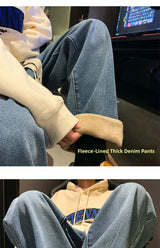 Thiened Fce Dstring Jeans Women's Winter New Sle Warm Straight Leg Loose Wide Leg High Waist Jeans Cotton Stretch D...