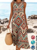 2026 Women's Sleeveless Bohemian Floral Casual Beach MIDI Sundress With Pockets Flowing and Loose Sweetheart Rustic Country