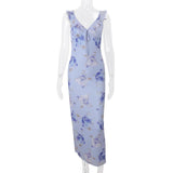 Cryptographic Summer Floral Print Plunge Maxi Dress Outfits Sexy Backless Fairy Sun Dresses Vacation Beachwear Vestido Coquette