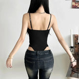 Y2K Black Bodysuit Women Hollow Out Sexy Sleeveless Tops Spaghetti Strap Streetwear Bodycon Jumpsuit Festival Aesthetic Clothes