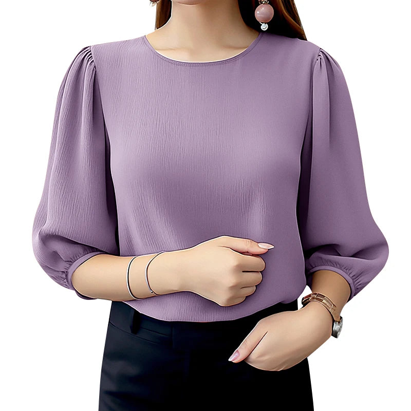 ZANZEA Women Crinkled Texture Puff Sleeve Blouse, Elegant O Neck 3/4 Sleeve Blusas Mujer, Summer Fashion Solid Color Casual Tops