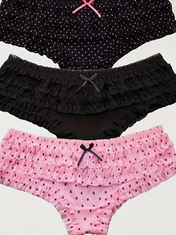 4PCS Cute dot small floral patterns  sweet knitted fabric with lace stitching  Women's low waist brief  Seamless  breathable  fa