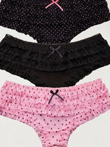 4PCS Cute dot small floral patterns  sweet knitted fabric with lace stitching  Women's low waist brief  Seamless  breathable  fa