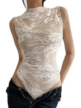 2025 Women's Summer Elegant Beige Black Sleeveless Lace Bodysuits Lady Luxury High Quality Street Bodycon Rompers Jumpsuits Tops