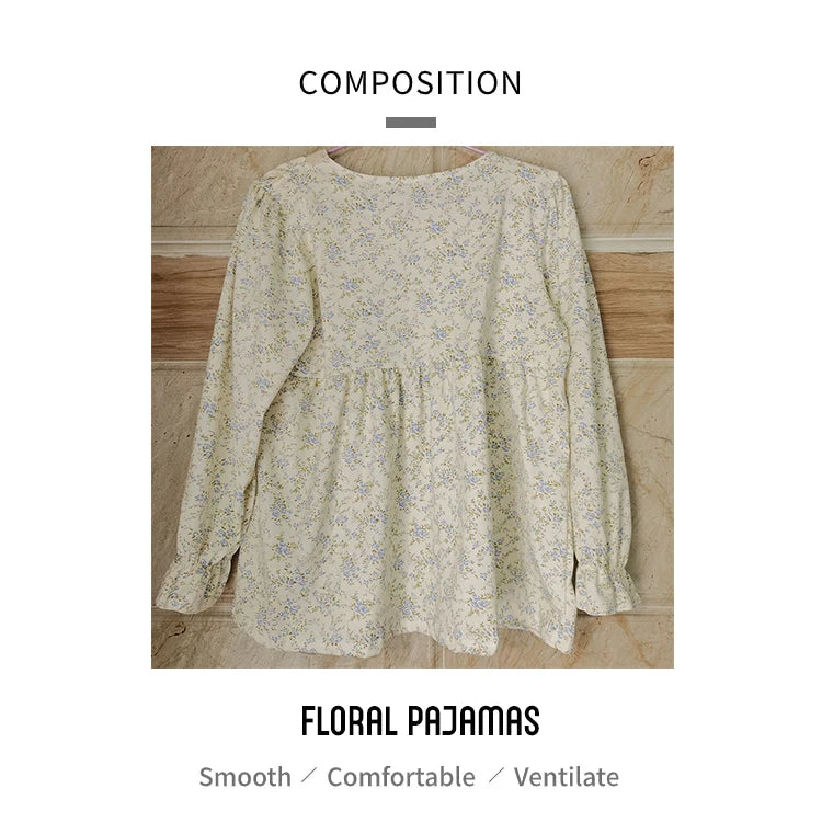 Four Seasons Can Wear Korean Style Floral Women's Pajamas Tops and Pants Summer Student Sleepwear Homewear Girl Sweet Nightwear