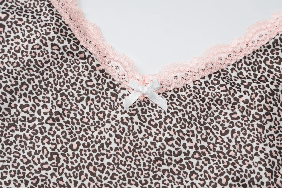 Hugcitar Leopard Print Slips Bows Patchwork Lace Sexy Slim Crop Camis Top Summer Fashion Women Y2K Outfits Festival Party