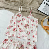Women Sexy Pajama Ladies Satin Pajama Print Round Neck Ice Silk Top T-Shirt and Shorts Sets Breathable Comfortable Home Wear New