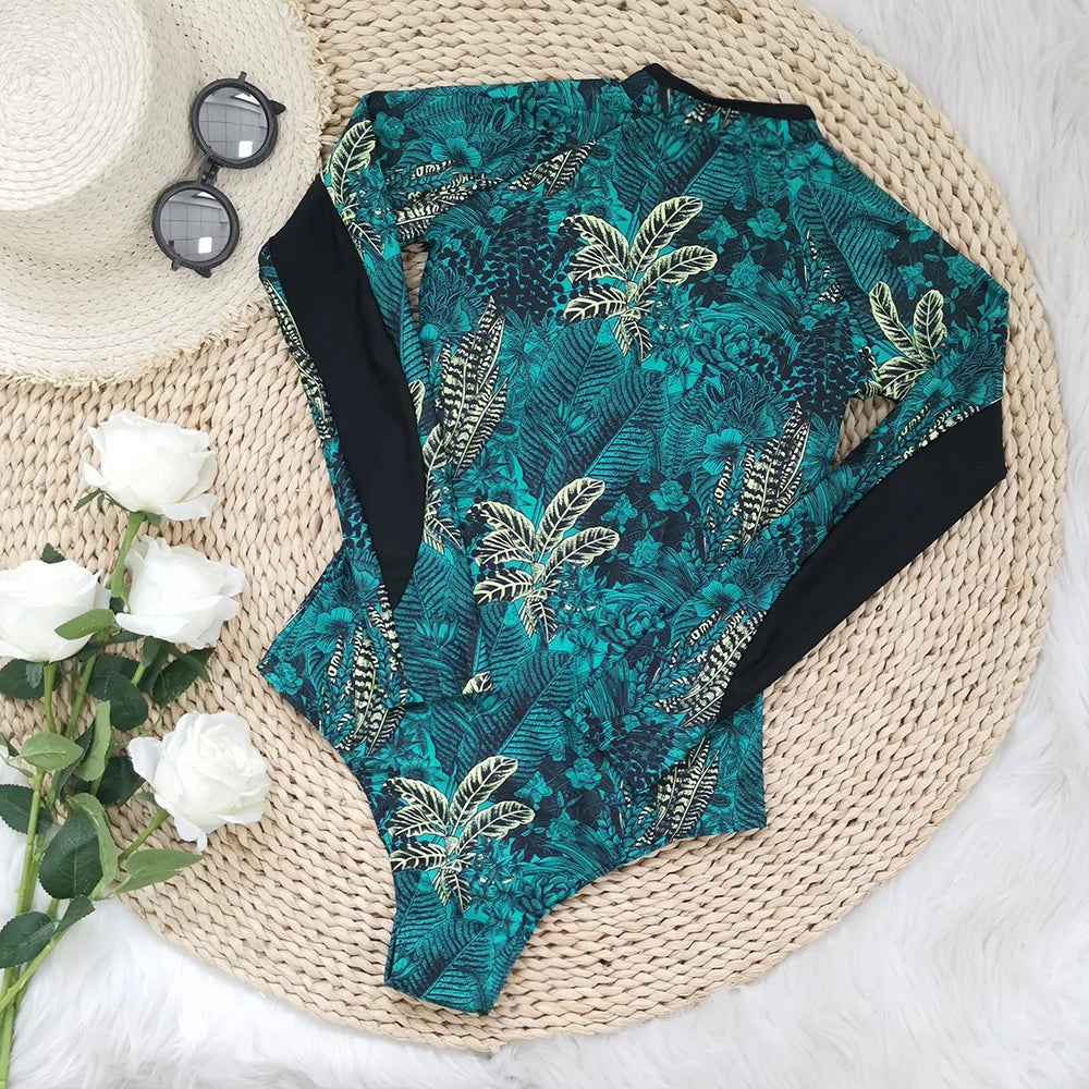 2026 Surfing Sport Swimsuit Long Sleeves Women One Piece Swimsuit  Swimwear Solid Monokini Bathing Suit Tropical Bodysuit Female