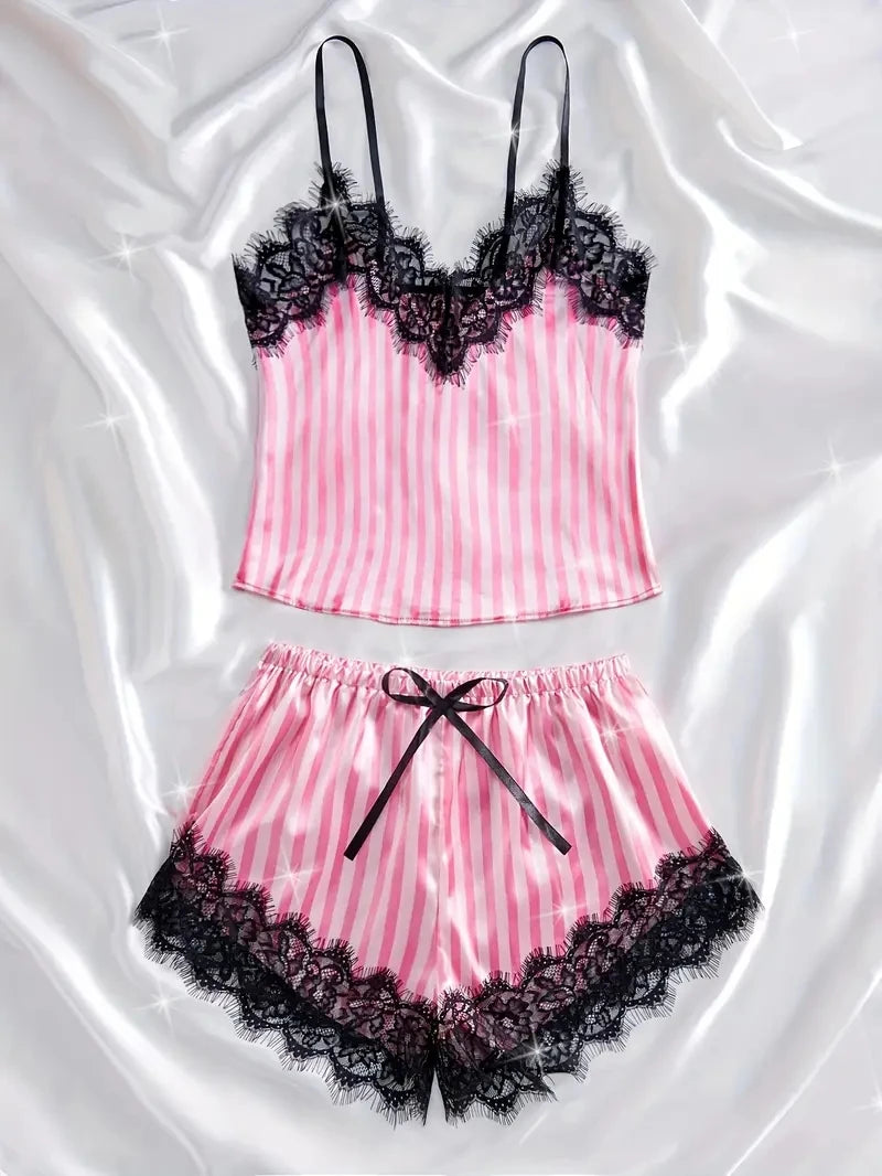Summer Silk Satin Women's V-Neck Sexy Lace Suspender Pajama Shorts Set Stripes Heart Casual Women's Sleeveless Sexy Pajama Set