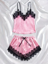 Summer Silk Satin Women's V-Neck Sexy Lace Suspender Pajama Shorts Set Stripes Heart Casual Women's Sleeveless Sexy Pajama Set