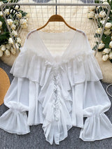SINGREINY Chic Ruffles Splice Chiffon Blouse V Neck Flared Sleeve Loose Tops 2025 Fashion Solid Fairycore Vacation Women Shirt