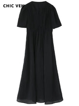 CHIC VEN Women Dresses French Style Vintage V-neck Puff Sleeve Long Dress Solid Black Loose Female Clothing Summer New 2023