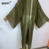 WINYI 2023 Women Bohemian Gold Thread Monochrome Elegant Casual Dress African Cardigans Outerwear For Women Summer Sexy Kimono