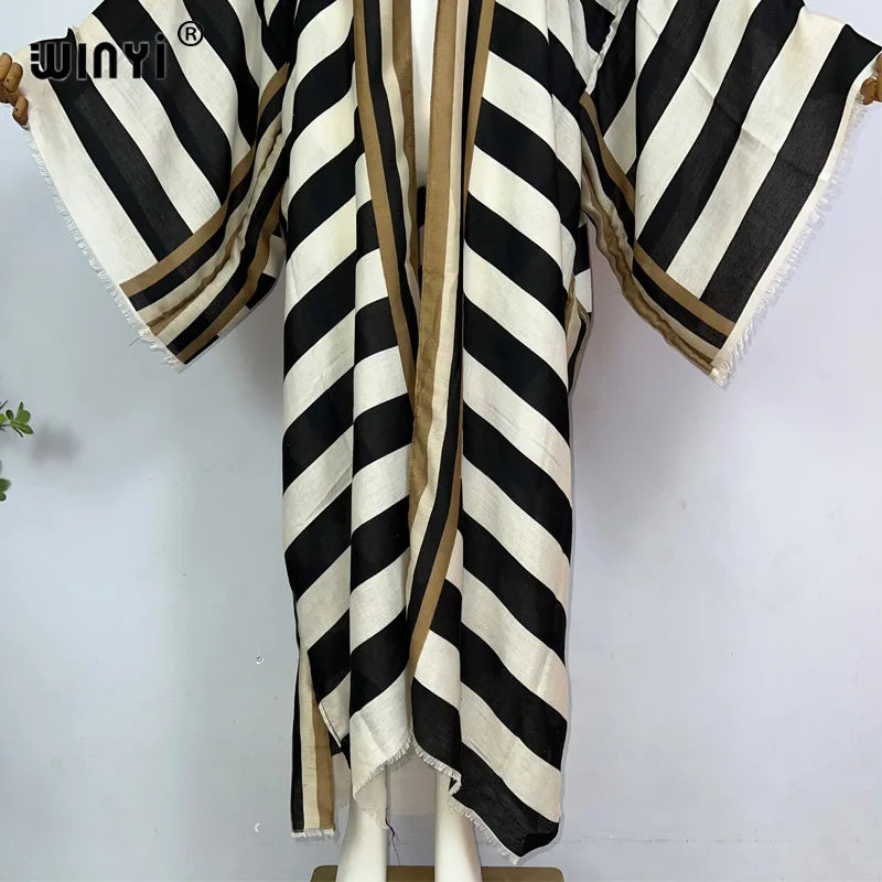 WINYI Kimono Africa Summer Boho Stripe Print Beach Swimwear Elegant Cardigan Sexy Holiday Maxi Beach Wear Swimsuit Evening Dress