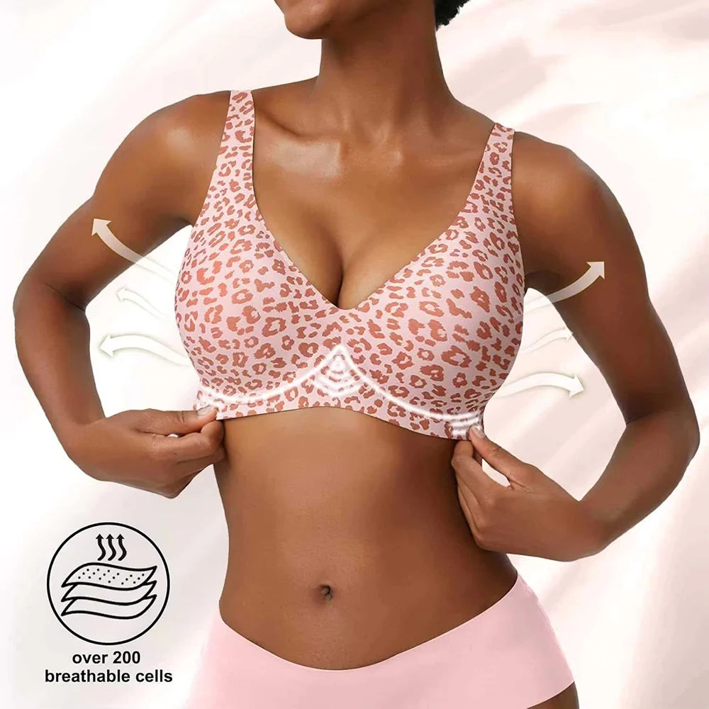 Deep V Jelly Bras Wireless Comfortable Bra Supportive No Underwire Bras Tshirt Push Up Bralette Pink Leopard Plunge Seamless Bra