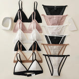Women Triangle Bra and Panties Set Sheer Floral Lace Bralette Low-Rise Briefs Sexy Lingerie Set Removable Pads Ladies Underwear