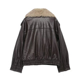 TFMLN 2025 Winter Women Loose Faux Leather Jacket Fashion Removed Big Fur Collar Causal Coat High Street Double Breasted Outwear