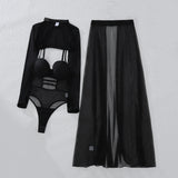 2025 New Perspective Mesh Body Shaping Jumpsuit Women's Sexy Splicing Split Skirt Female See Through Underwear 3-Piece Brief Set