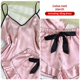 Women's Smooth Satin Pajamas V-Neck T-Shirt Ruffled Edges And Bow Shorts Simple And Breathable Pajama Set Sling Home Clothing