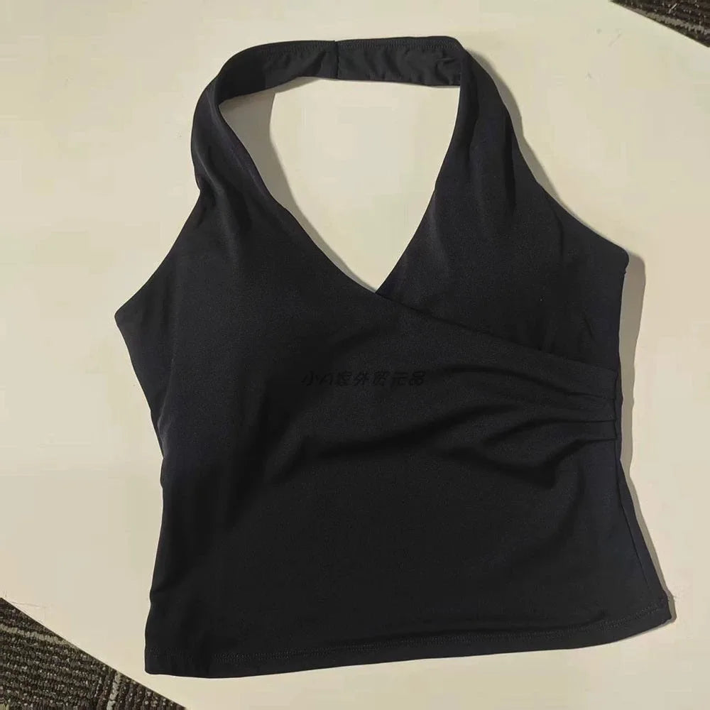 Women's Sexy V-Neck Fitness Bra Nude Sports Bra Hanging Neck Yoga Suit Vest Comfortable Breathable Gym Top for Active Wear