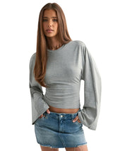 Women's Long Sleeve O-Neck Skinny T-Shirt Monochromatic Crop Top Casual Y2K Streetwear Fashion Pullover Summer Outfit