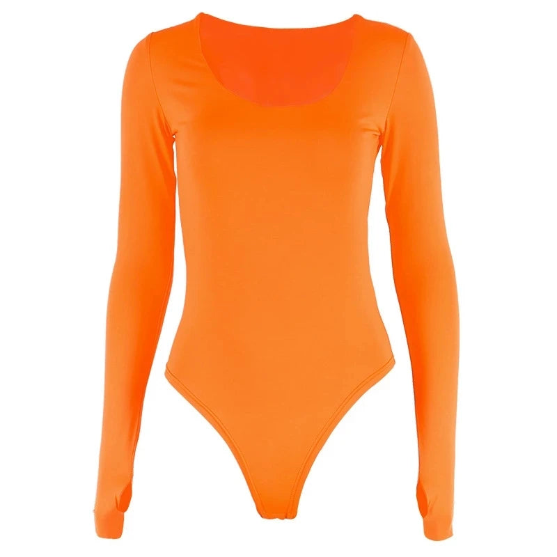 Orange Neon Bodysuit Women Long Sleeve Bodycon Sexy Autumn Winter Streetwear Club Party Outfits Casual Female Clothing