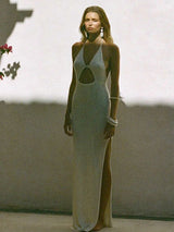 Sexy Knit Halter V Neck Slit Beach Maxi Dress For Women 2026 Chic Button Cut Out Backless Party Dresses Swimwear Cover Up A3151