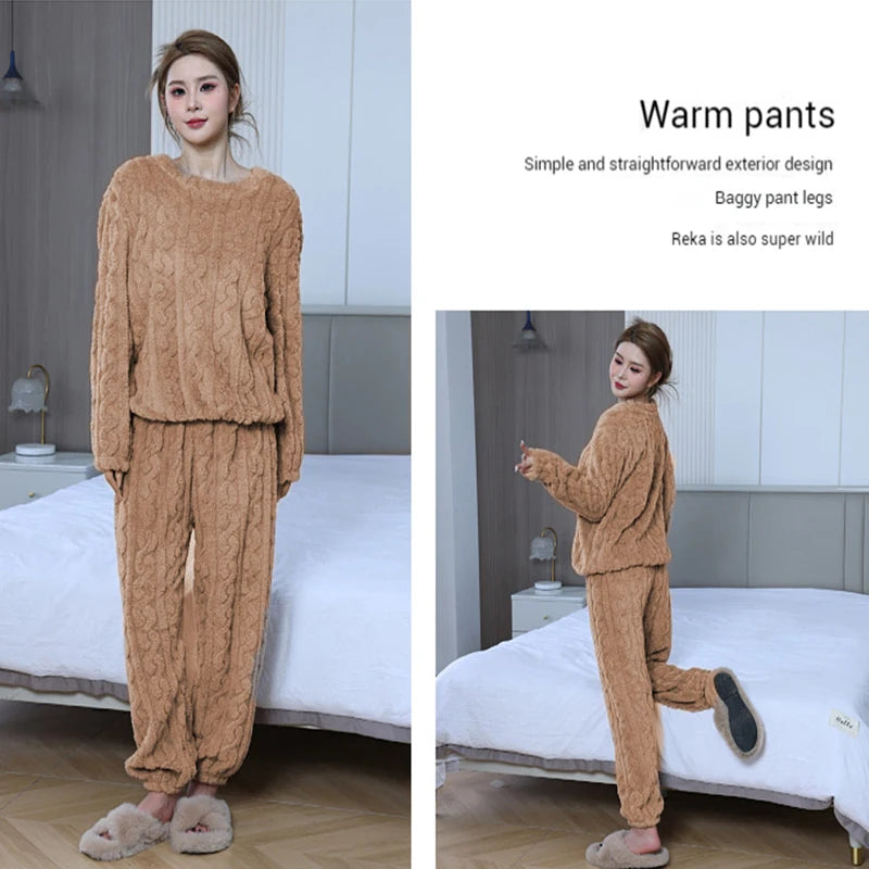 Women's Thickened Warm Sleepwear coral velvet homewear Fluffy O-neck leisure pajamas Striped Large Size Adapted Winter Sleepwear
