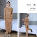 Women's Thickened Warm Sleepwear coral velvet homewear Fluffy O-neck leisure pajamas Striped Large Size Adapted Winter Sleepwear
