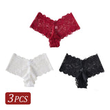 3PCS Elegant Women's Underwear V-shaped Waist Lace Floral Embroidery Panties Semi-Sheer Sexy Briefs Solid Color Lingerie