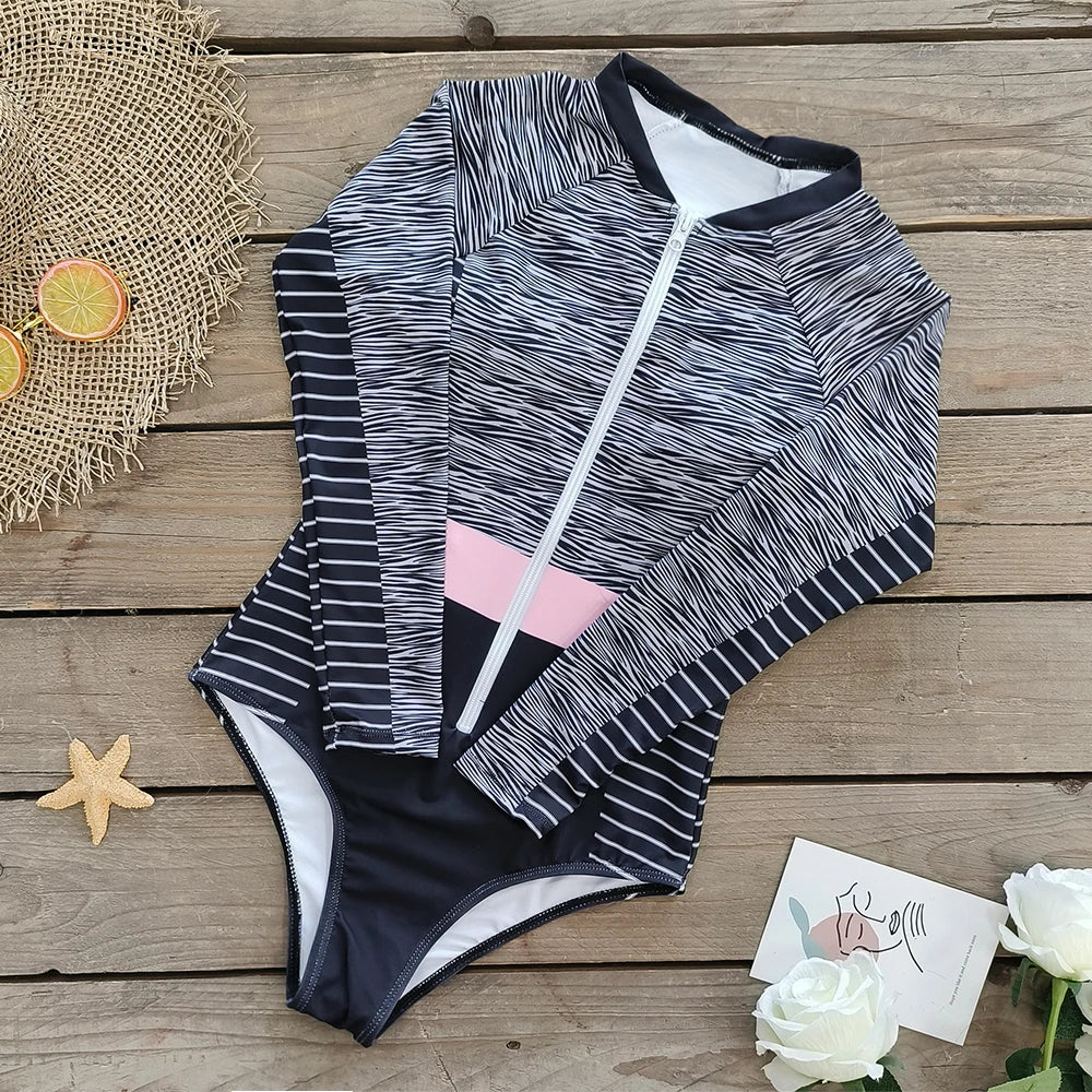 2026 Surfing Sport Swimsuit Long Sleeves Women One Piece Swimsuit  Swimwear Solid Monokini Bathing Suit Tropical Bodysuit Female