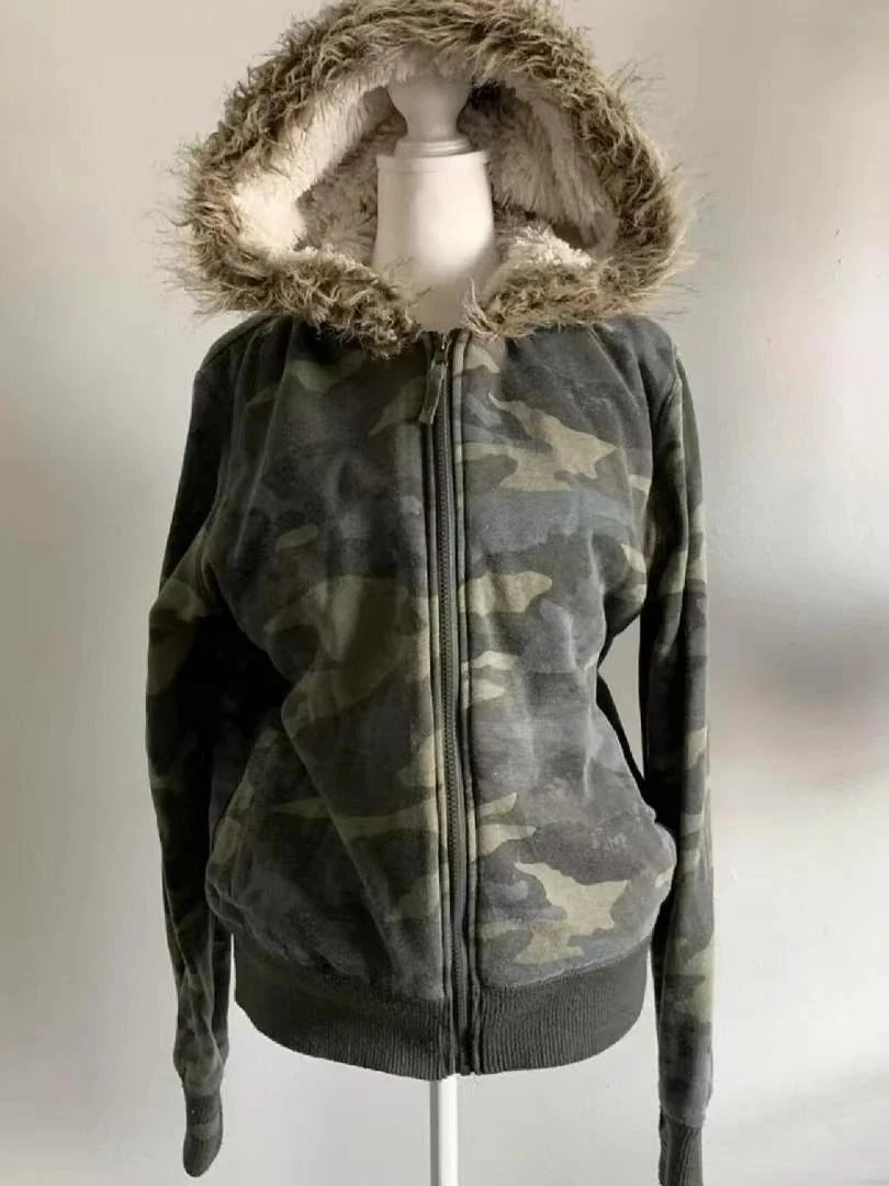 Subculture Gothic Women Coats with Hoodies Vintage Korean Harajuku Black Jackets Faux Fur Coat Female Loose Casual Sweatshirt
