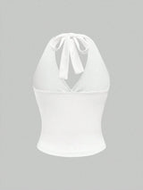 Solid V-neck Backless Halter Crop Top for Women Summer Sexy Y2K Sleeveless Ruched Top Streetwear