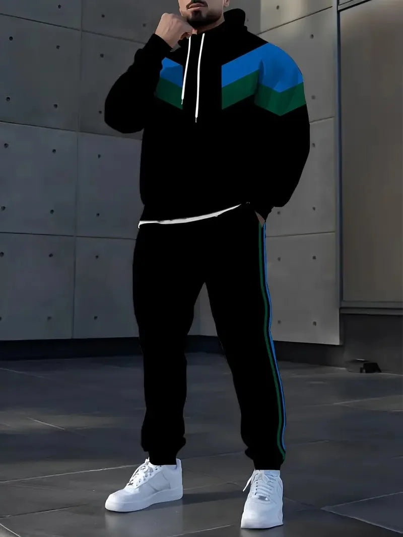 The new men's set for Spring and Autumn 2025 features a casual fashionable and comfortable 3D striped pattern print