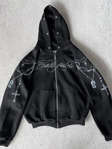 Winter Fashion Streetwear Women's Gothic Punk Faux Fur Hooded Jacket With Cross Print Trendy Edgy Zip - Up Sweatshirt 2026 New