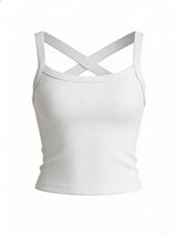 Low-Neck Vest Women Cross Shoulder Strap Solid Skinny Stretch Sexy Midnight Hottie Beach Party Sporty Basis Tops