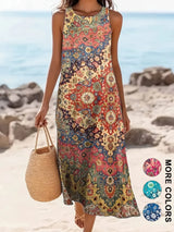 2026 Women's Sleeveless Bohemian Floral Casual Beach MIDI Sundress With Pockets Flowing and Loose Sweetheart Rustic Country