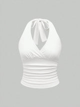 Solid V-neck Backless Halter Crop Top for Women Summer Sexy Y2K Sleeveless Ruched Top Streetwear