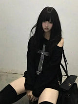 Seeslim Cross One-shoulder Graphic Hoodies Long Sleeve Black Women's Sweatshirts Harajuku Grunge 2000s Clothes Y2k Autumn Tops