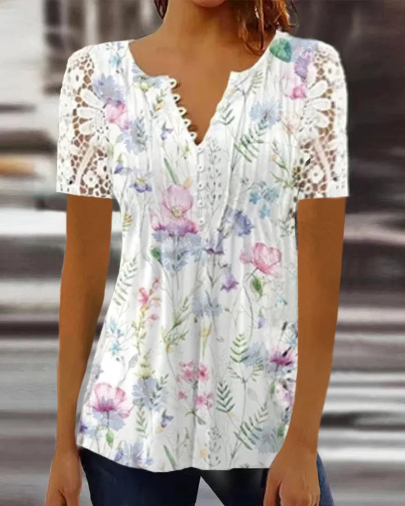 Summer Spring New Women's Loose and Comfortable Casual Lace V Neck Printed Blouse Floral Short Sleeve Elegant Fashion Shirt