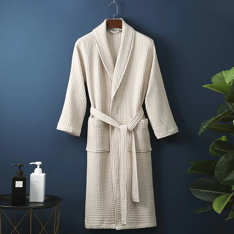 Cotton Terry Robe for Spring and Summer Thin Morning Robe Long Sleeve Waffle Bathrobe Hotel Beauty Bath Towel for Couples