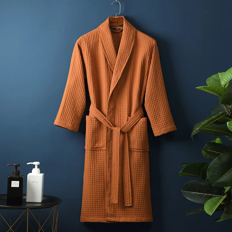 Cotton Terry Robe for Spring and Summer Thin Morning Robe Long Sleeve Waffle Bathrobe Hotel Beauty Bath Towel for Couples